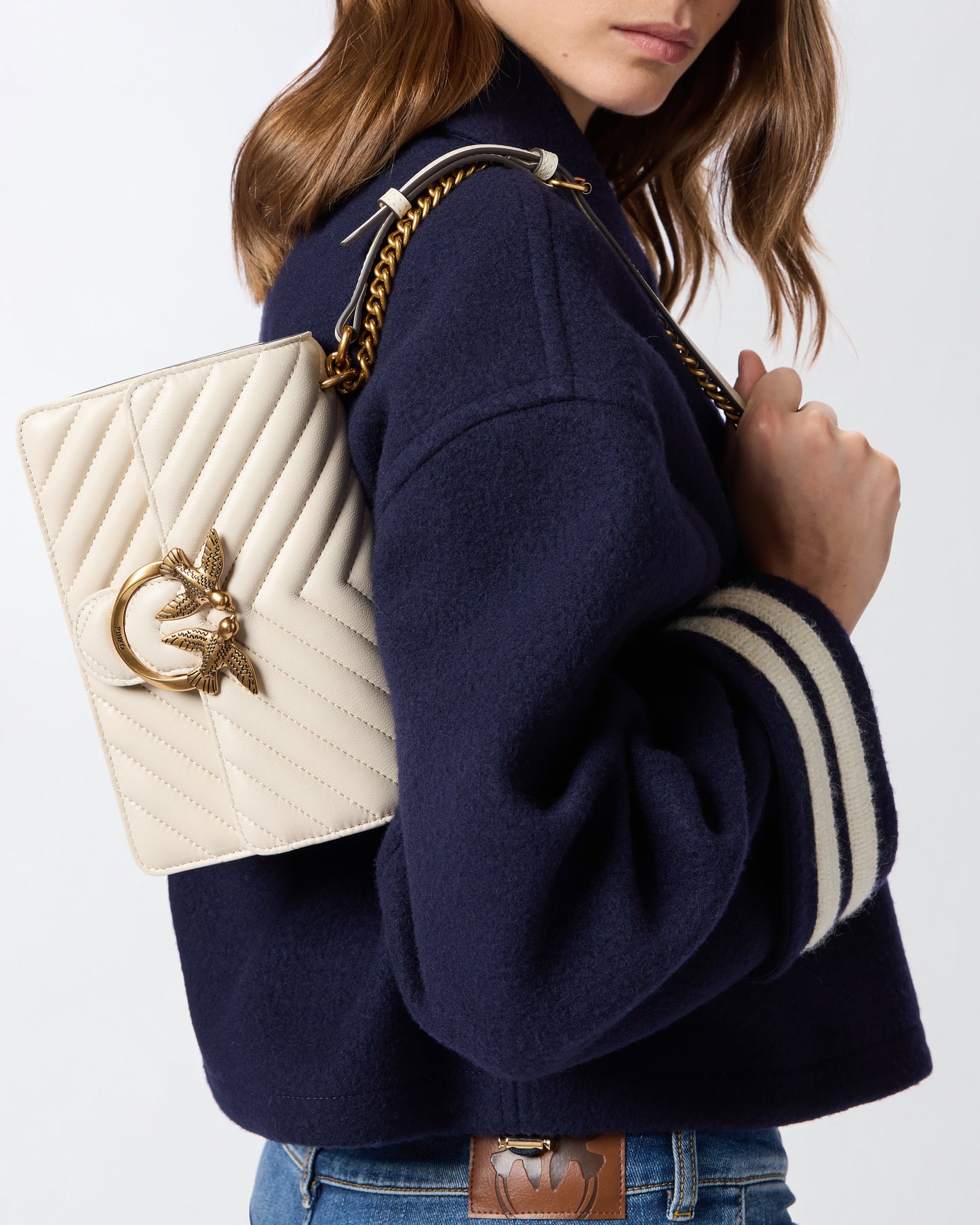 Mini Love Bag One Chevron - Bianco Seta , Antique Gold